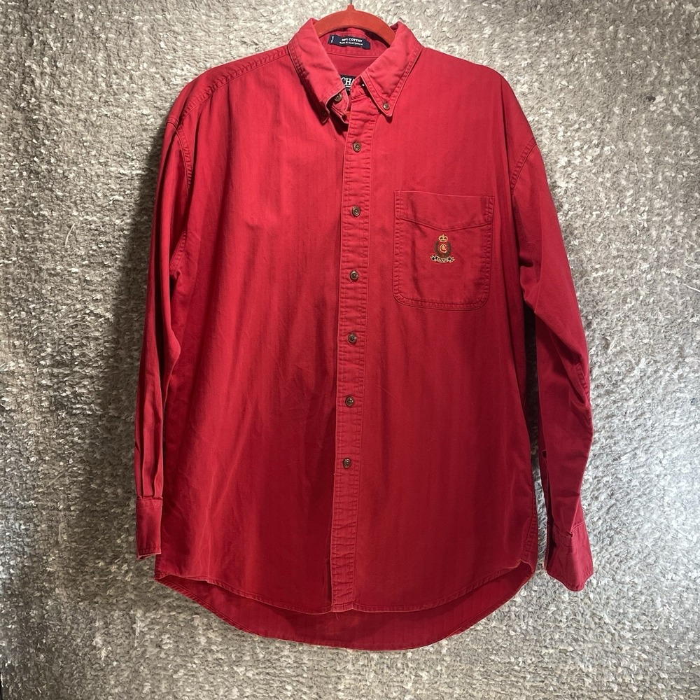Chaps Ralph Lauren Denim Long Sleeve Shirt Mens Medium Red Crest Logo Pocket